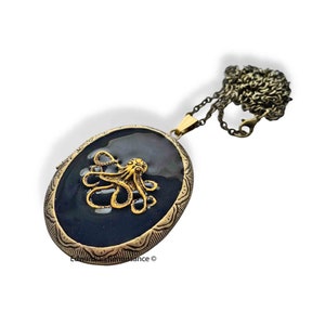 Octopus Locket Necklace: Black Enamel Pill Box Pendant, Personalized Option