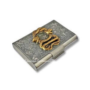 Tarjetero con forma de serpiente en oro antiguo, gran capacidad, en plata metalizada, diseño de remolino, motivo de serpiente esmaltado, con color y opciones personalizadas