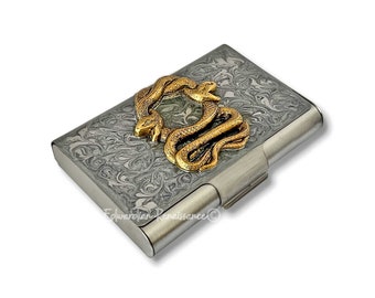 Antique Gold Serpent Card Case Large Capacity in Metallic Silver Swirl Design Enamel Snake Motif with Color and Personalized Options