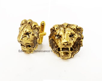 Roaring Lion Head Cufflinks plated in Antique Gold Gothic Victorian Leo Vintage Inspired with Tie Pin and Tie Clip Set Options