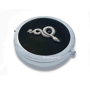 Antique Silver Snake Pill Box: Hand Painted Enamel Compact Mirror