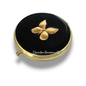 Antique Gold Butterfly Compact Mirror: Black Enamel Art Nouveau, Personalized
