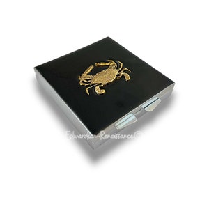 Zodiac Cancer Pill Box: Antique Gold Crab, Hand Painted Enamel