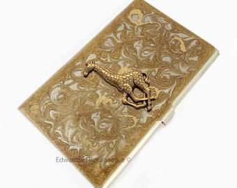 Giraffe Business Card Case inlaid in Hand Painted Gold Swirl Enamel Neo Victorian Safari Design Personalized and Color Options