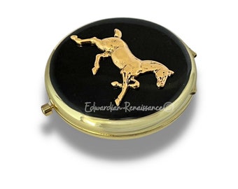 Horse Compact Mirror Inlaid in Glossy Black Enamel Vintage Polo Style with Color and Personalized Options