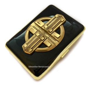 Art Deco Zigarettenhülle in handbemalter schwarzer Emaille Vintage Stil Geometrisch inspiriert mit personalisierten und farblichen Optionen