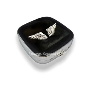 Antique Silver Wings Pill Box: Hand Painted Black Enamel, Gothic Style