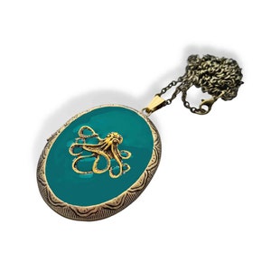 Octopus Locket Necklace: Teal Enamel Pill Box, Nautical Victorian Pendant