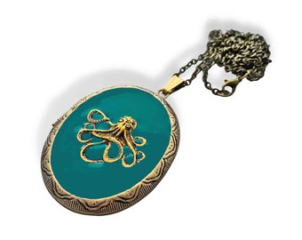 Octopus Locket Pill Box Necklace in Hand Painted Glossy Teal Green Enamel Nautical Victorian Pendant with Color and Personalized Option