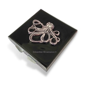 Octopus Pill Box: Hand Painted Black Enamel, Nautical Design, Personalized