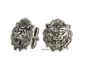 Gargoyle Lion Head Cufflinks plated in Antique Sterling Silver Vintage Inspired Medieval Leo with Set Options Available
