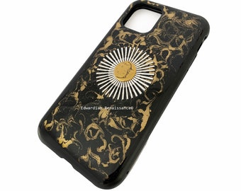 Moon and Sunburst Iphone or Galaxy Case Inlaid in Glossy Black Enamel with Gold Swirl art Nouveau Phone Cover with Color Options Available