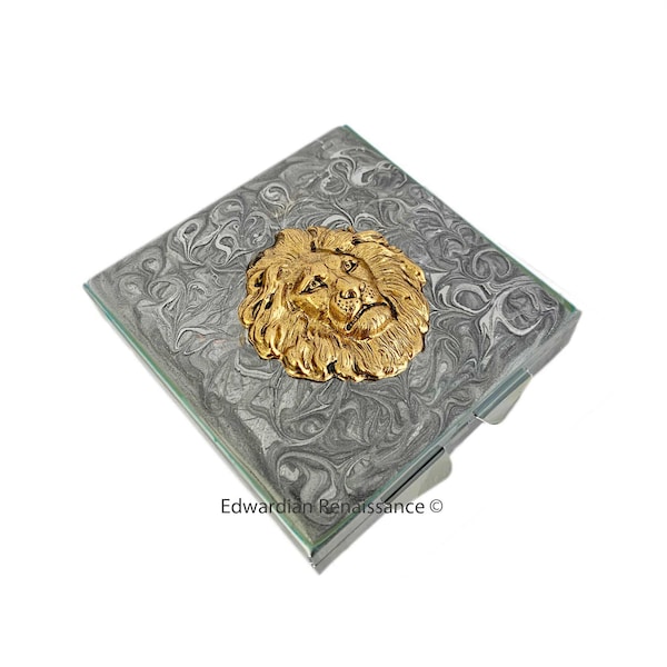 Gold Lion Head Pill Box Inlaid in Hand Painted Silver Swirl Design Enamel Neoclassic Leo Design with Personalized and Color Options