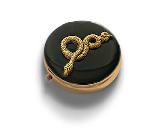 Antique Gold Serpent Pill Case Inlaid in Hand Painted Black Enamel Vintage Style Snake with Personalize and Color Options