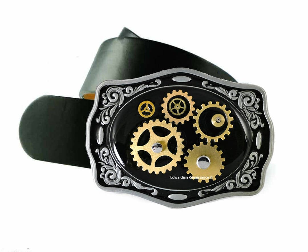 Vintage steampunk-style mixed media assemblage art belt buckle on elastic UNISEX Black Bronze Steampunk Studded Leather Belt, Steampunk  main image 3