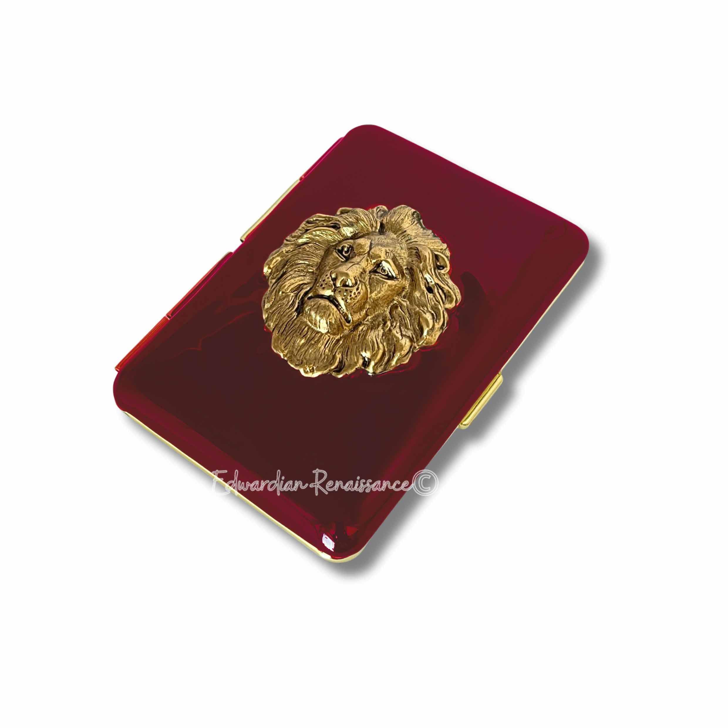 Lion Head Cigarette Case: Antique Gold, Black Enamel, Personalized Option