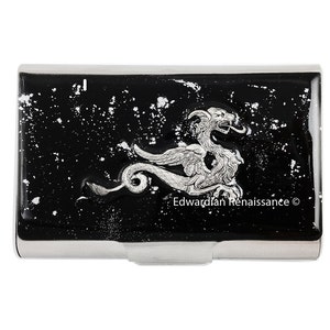 Drachen-Visitenkartenetui mit Intarsien aus handbemalter, von Game of Thrones inspirierter Emaille in Schwarz mit silbernem Spritzer-Design und personalisierten Optionen