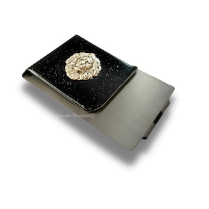 Antique Silver Lion Head Money Clip: Hand Painted Black Enamel, Personalized Leo