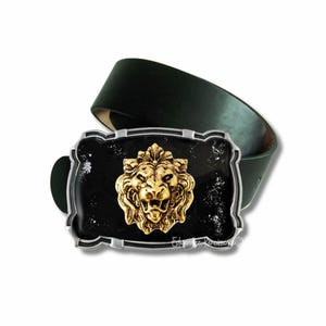 Antique Gold Lion Head Belt Buckle: Black Enamel Inlay