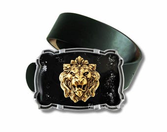 Antique Gold Lion Head Belt Buckle: Black Enamel Inlay - Etsy display picture 1