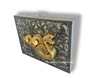Antique Gold Snake Cigarette Case, Gray Swirl Enamel, Personalized Option