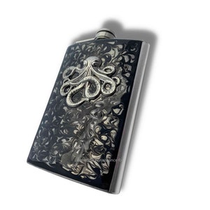 Antique Silver Kraken Flask: Hand-Painted Enamel Octopus, Personalized Option
