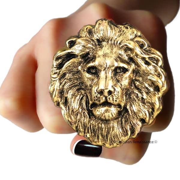 Large Lions Head Big Ring Neo Victorian Leo Statement Ring with Adjustable Band