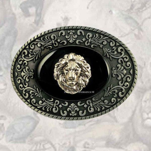 Lion Head Belt Buckle Inlaid in Hand Painted Black Onyx Enamel Neo Victorian Safari Oval Metal Buckle Antique Silver Leo Custom Color Option