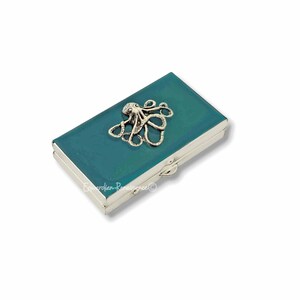 Teal Enamel Octopus Pill Box: Antique Silver Nautical Case