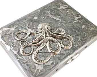 Octopus Metal Cigarette Case Inlaid in Hand Painted Metallic Silver Swirl Design Enamel Nautical Antique Sterling Silver Plated Kraken