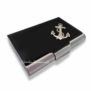 Antiker silberner Anker Großer Visitenkartenetui Eingelegt in schwarzer Emaille Nautical Design Vintage Style Personalisierte und Farboptionen verfügbar