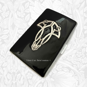 Art Nouveau Cigarette Case in Hand Painted Glossy Black Enamel Gatsby Inpired with Personalized and Color Options