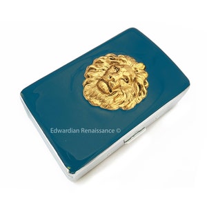 Antique Gold Lion Cigarette Case, Neoclassic Leo Design, Personalized Gift, Inlaid in Hand Painted Teal Enamel, with Color Options