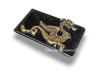 アンティークゴールドドラゴンマネークリップ：手描きエナメル