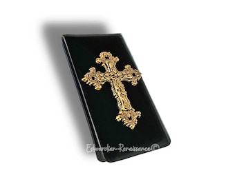 Antique Gold Cross Money Clip Inlaid in Hand Painted Glossy Black Enamel Gothic Inspired Crucifix with Personalized and Color Options