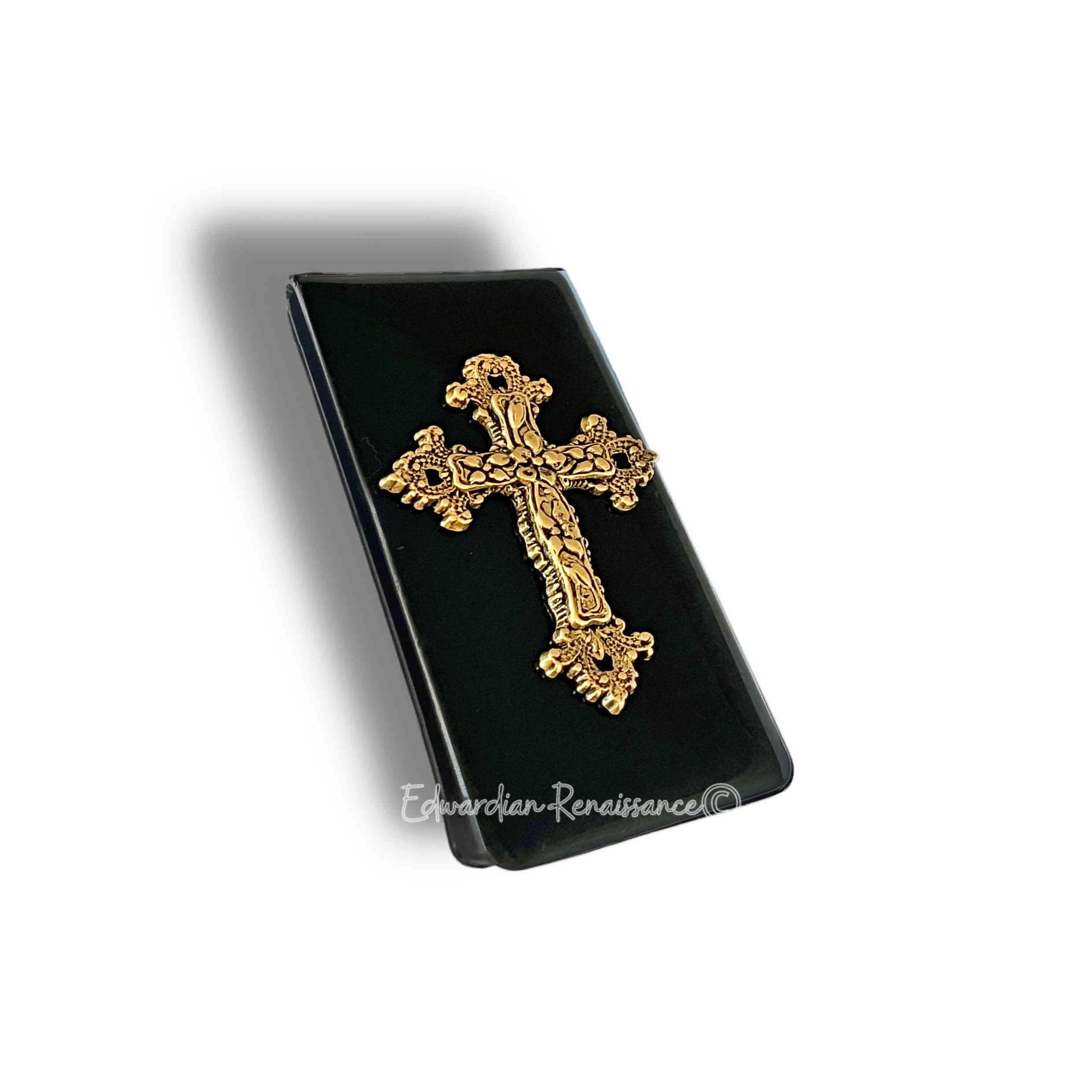Antique Gold Cross Money Clip: Hand Painted Gothic Enamel, Personalized Option