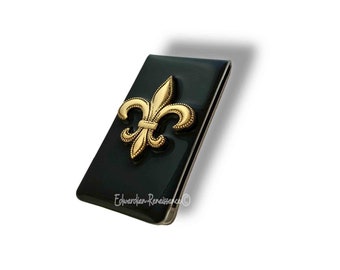 Antique Gold Fleur De Lis Money Clip Inlaid in Hand Painted Onyx Enamel French Monarchy Inspired with Personalized and Color Option