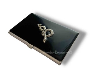 Antique Silver Snake Business Card Case Inlaid in Hand Painted Black Enamel Vintage Style Serpent Design with Personalized and Color Options