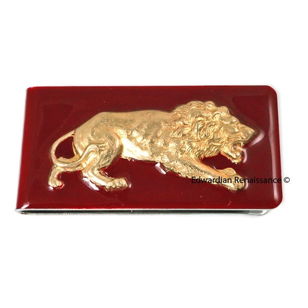 Golden Prowling Lion Money Clip Inlaid in Hand Painted Ox Blood Enamel Neo Victorian Leo with Personalized and Color Options