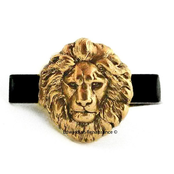 Antique Gold Lion Head Tie Clip Inlaid in Hand Painted Glossy Black Enamel Neo Victorian Safari Vintage Style Leo with Custom Color Options