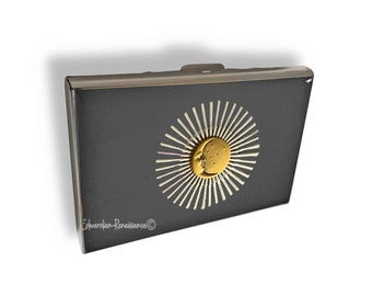 Celestial Credit Card Wallet Inlaid in Hand Painted Gray Enamel Vintage Style Art Deco Inspired with Personalized and Color Options