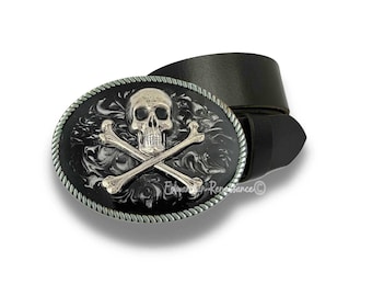 Antique Silver Skull and Crossbones Belt Buckle Inlaid in
