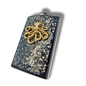 Antique Gold Octopus Flask: Hand Painted Enamel, Personalized Option