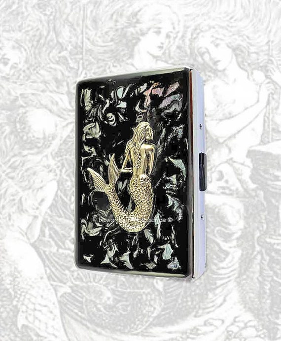 Antique Silver Mermaid Cigarette Case, Hand-painted Black Enamel,  Personalized