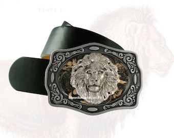 Lion Head Belt Buckle Inlaid in Hand Painted Glossy Black Enamel with Gold Swirl Design Metal Buckle with Assorted Color Options