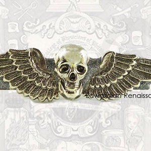 Antique Silver Skull Wings Tie Clip: Hand Painted Enamel Gothic Tie Bar