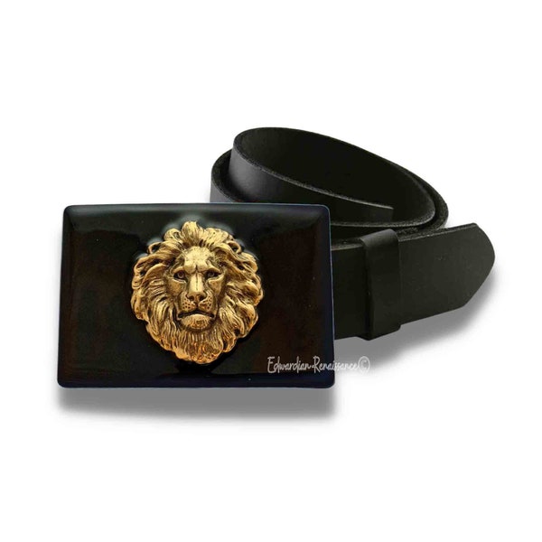 Lions Head Belt Buckle Inlaid in Hand Painted Black Enamel Neo Victorian Leo Inspired Assorted Color Options