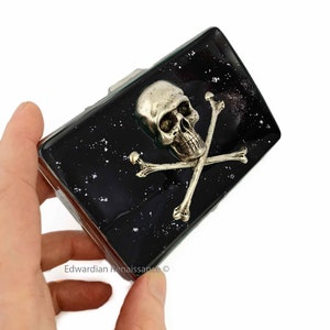 Silver Skull and Crossbones Metal Cigarette Case in Hand Painted Black with Silver Splash Enamel Gothic Victorian with Personalized Options