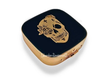 Gold Skull Pill Box Inlaid in Hand Painted Black Enamel Vintage Style Gothic Inspired Calavera Personalized and Color Options Available