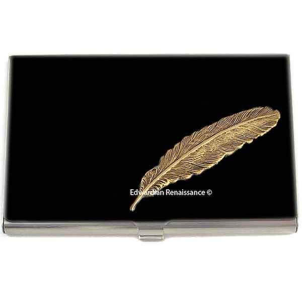 Feather Business Card Case Inlaid in Hand Painted Black Enamel Neo Victorian Raven Fether Metal Wallet Personalized and Custom Color Options